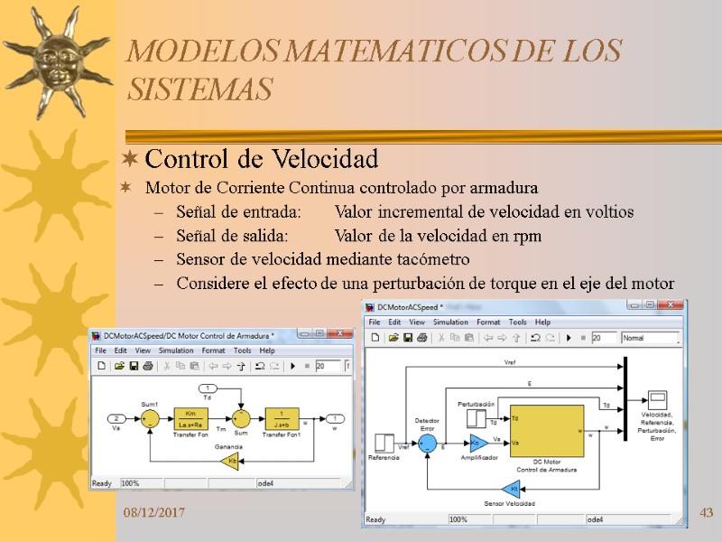 08/12/2017 43 MODELOS MATEMATICOS DE LOS SISTEMAS Control de Velocidad Motor de Corriente Continua